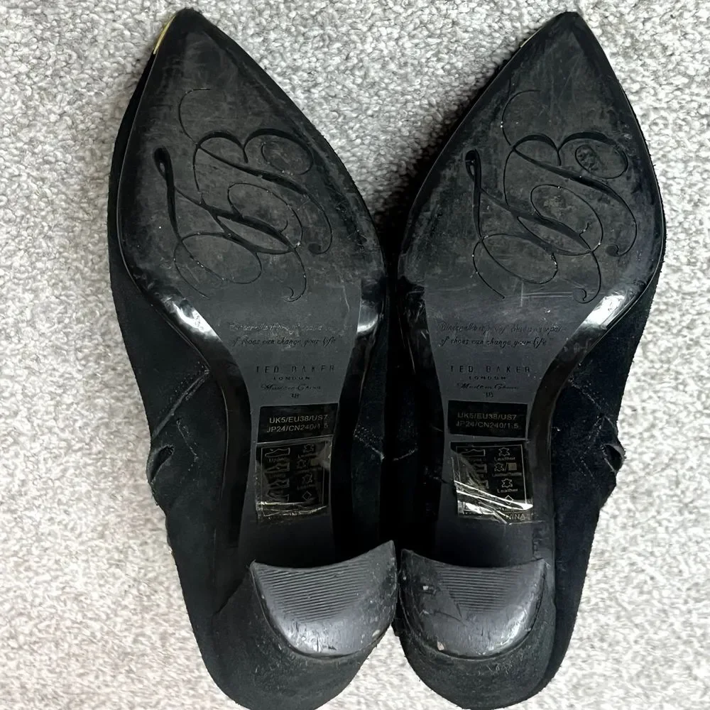 Ted‎ Baker Sailly Black Suede Bow Pointed Toe Block Heel Ankle Boots Womens US 7